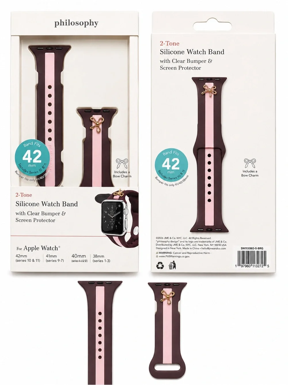 Philosophy Two-Tone Silicone Apple Watch Band in Pink & Brown with Bow Charm